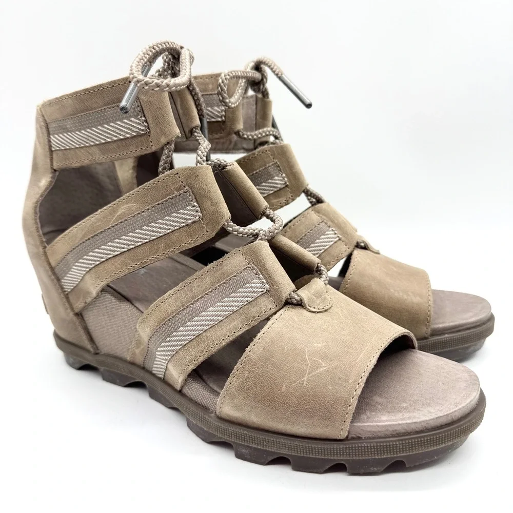 Sorel Joanie II Lace Up Open Toe Comfort Wedge Sandal Taupe Tan Womens‎ Size 11